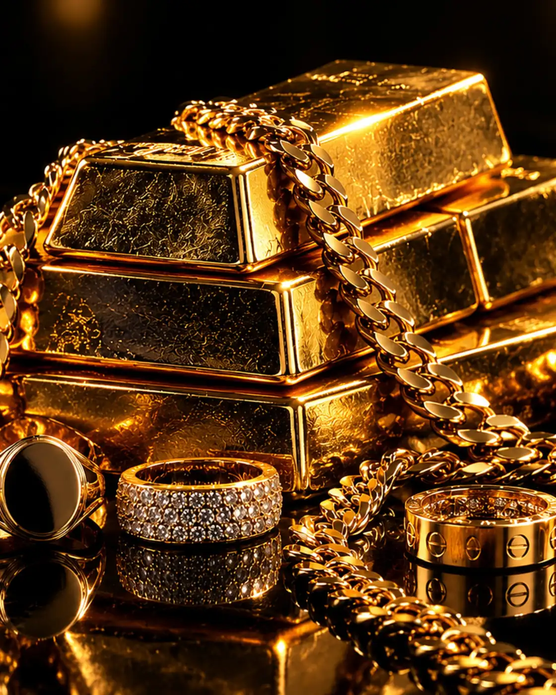 Bijoux, chaînes et lingots d’or sur fond noir